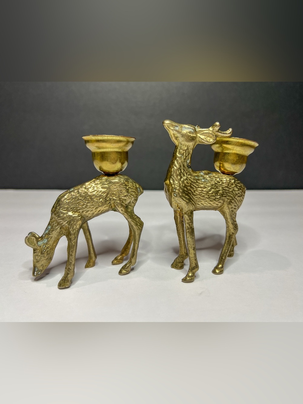 Vintage Brass Deer Candle Holders Pair Buck Doe Woodland Decor